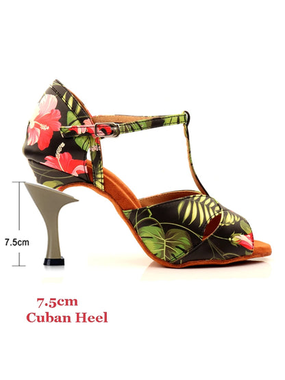 Footmax Women's Monstera Print Latin Dance Shoes - White Cuban Heel Ballroom - footmaxldn