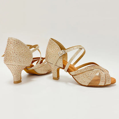 Footmaxldn Women's Latin Ballroom Dance Shoes | Rhinestone Satin & Suede Sole