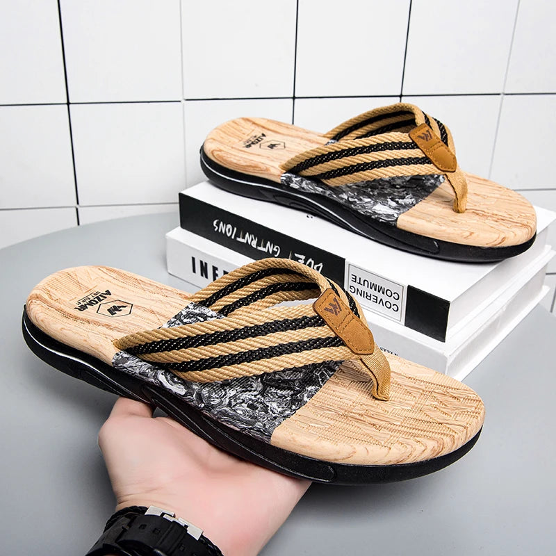 Japanese wood grain flip flops for men in summer wear anti-slip trend printed soft bottom clip foot stroke beach sand sand - footmaxldn