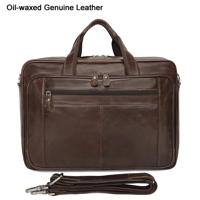 High Quality Genuine Leather Men Briefcase Business bag Crazy Horse Leather Large 17"inch Laptop Bag male Portfolio Office Case - footmaxldn