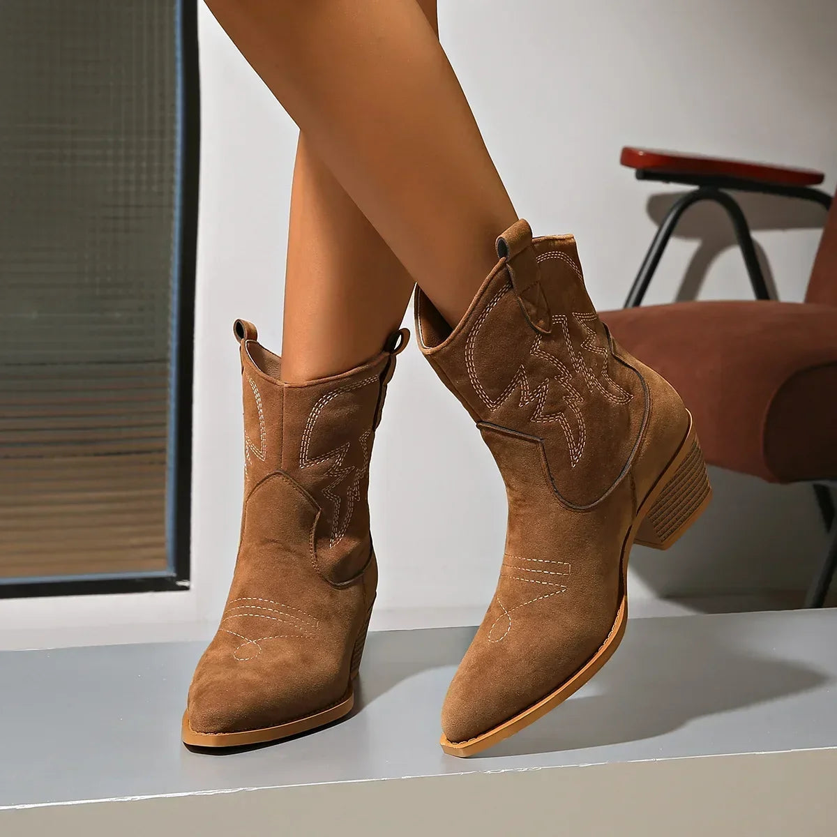 Brown Embroidered Western Ankle Boots with Pointed Toe and Block Heel