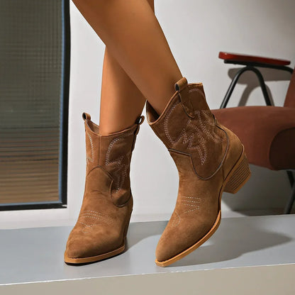 Brown Embroidered Western Ankle Boots with Pointed Toe and Block Heel