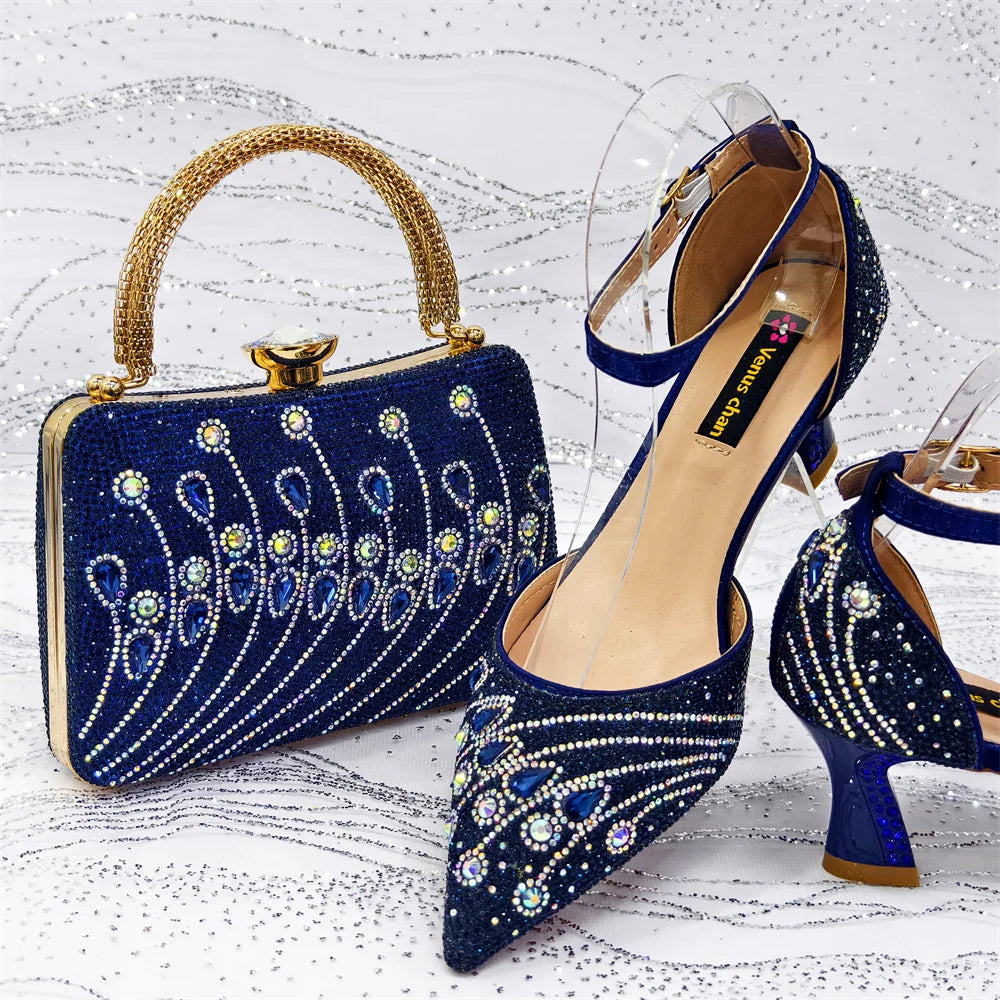 2025 Elegant Rhinestone Pointed Toe Pumps With Matching Bag Set Large Size shoes Big Bag for Women's Party High Heels - footmaxldn