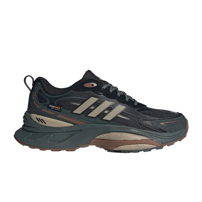 Dark gray running shoe with beige accents on a white background