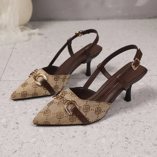 2025 New Women Baotou Sandals Metal Buckle Anti-slip High Heels Shoes Women Pointed Head Wear-resistant Shallow Mouth Sandals - footmaxldn