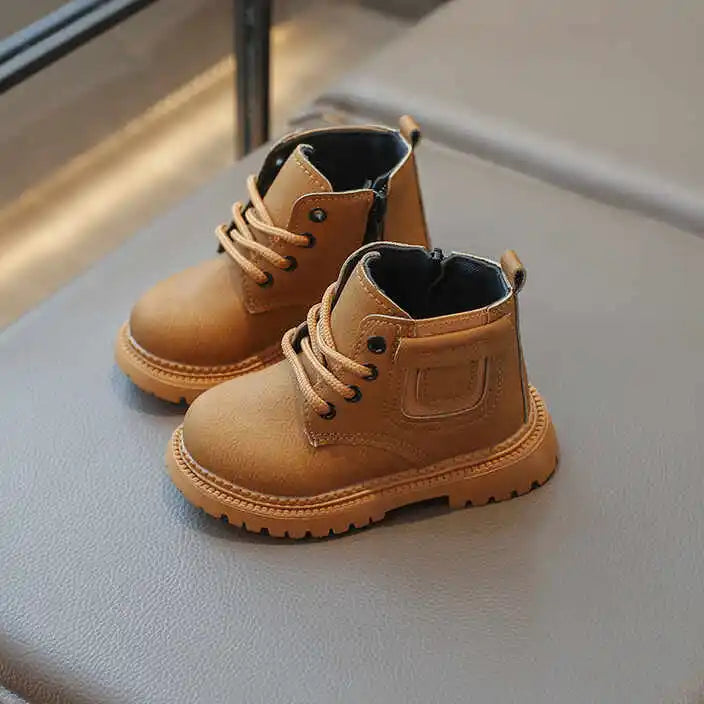 Children Leather Boots Boys Fashion Autumn Winter New Casual Comfortable Short Boots Warm Kids Anti-slip Tactical Military Boots - footmaxldn