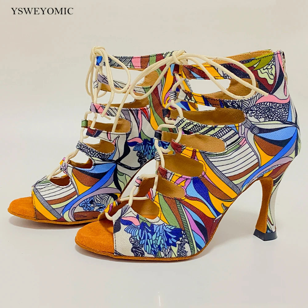 Footmax Colorful Denim Dance Boots - Women's Latin Salsa Dance Shoes with Thick Insole - footmaxldn