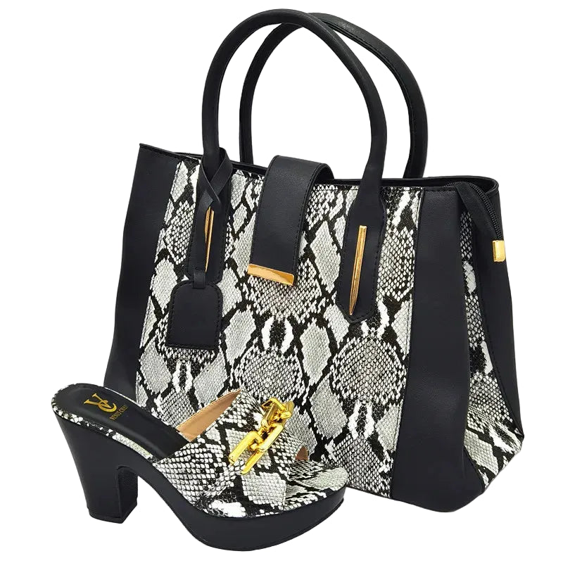 2022 Italian latest design black and white colorblock snake pattern platform women's high heels matching handbags for sale - footmaxldn