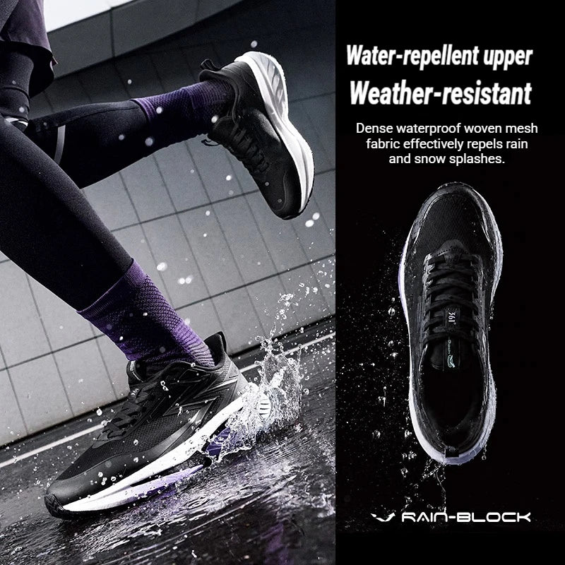 Black Rain-Block athletic sneakers shown in a dynamic outdoor splash scene on wet pavement, alongside a close-up of the shoe on a black background with marketing text about water-repellent and weather-resistant upper fabric.