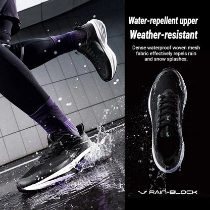 Black Rain-Block athletic sneakers shown in a dynamic outdoor splash scene on wet pavement, alongside a close-up of the shoe on a black background with marketing text about water-repellent and weather-resistant upper fabric.