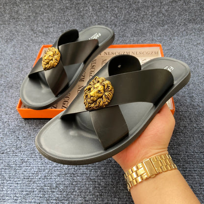 Men's Leather Cross-Strap Slides with Gold Lion Emblem – Footmaxldn