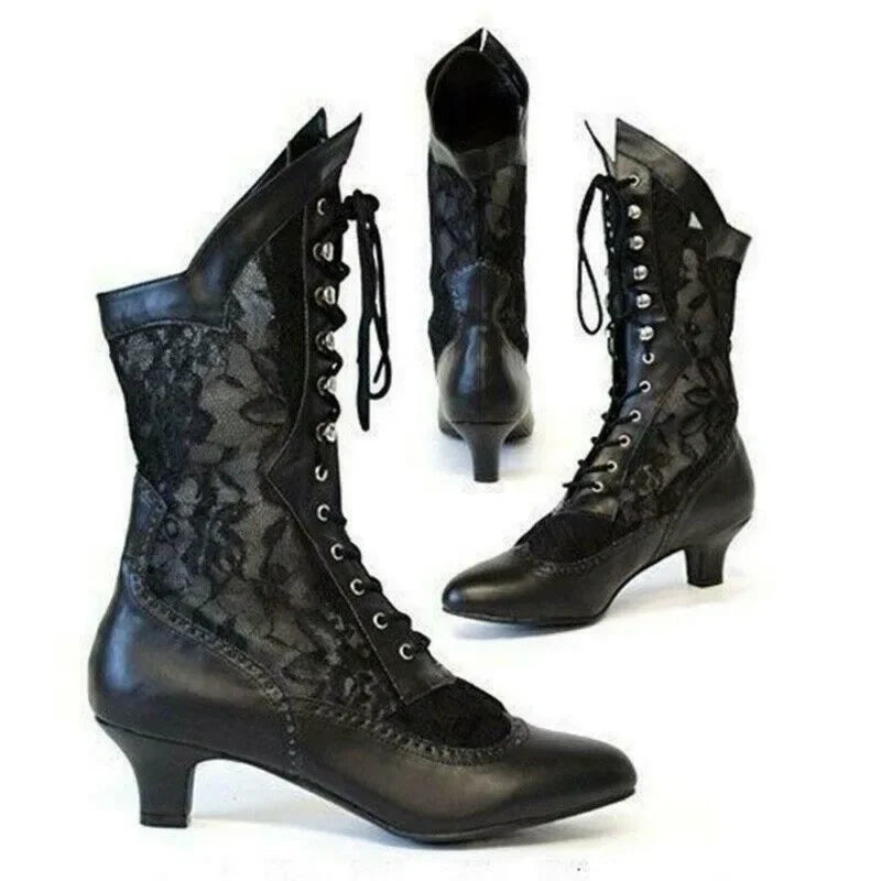 Footmax Women's Victorian Ankle Boots - Vintage Pointed Toe High Heel Lace-Up Boots - footmaxldn