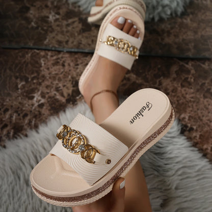 Cross-Border Flip-Flops for Women, Summer New Fashion Slippers with Ring Chain and Rhinestones, Suitable for Home and Outdoor Wear, Beach Party Casual Slippers - footmaxldn