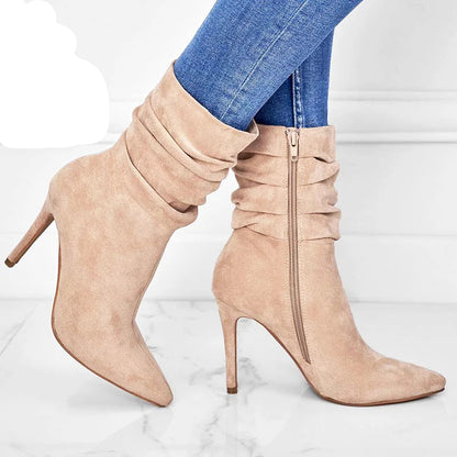 Footmaxldn Pleated Faux Suede Ankle Boots – Pointed Toe Stiletto Heel with Side Zip