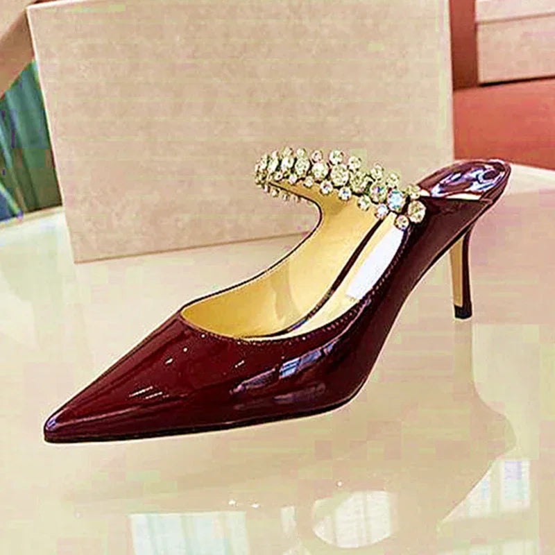 Footmaxldn Rhinestone Chain Stiletto Mules – Patent Leather High Heel Sandals for Women