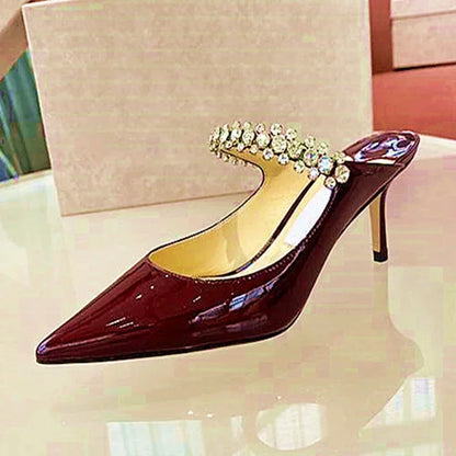 Footmaxldn Rhinestone Chain Stiletto Mules – Patent Leather High Heel Sandals for Women