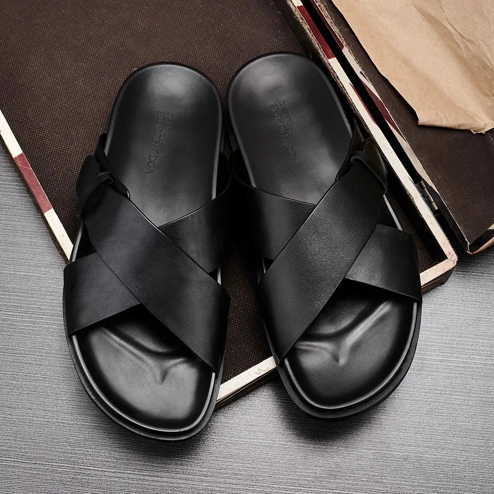 Men's Genuine Leather Sandals | Handcrafted Cow Leather Slides | footmaxldn
