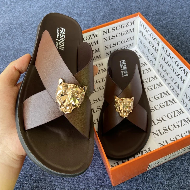 size38-48 original shoes brand summer leather slides for man black brown fashion shoes for mens slippers business beach slippers - footmaxldn