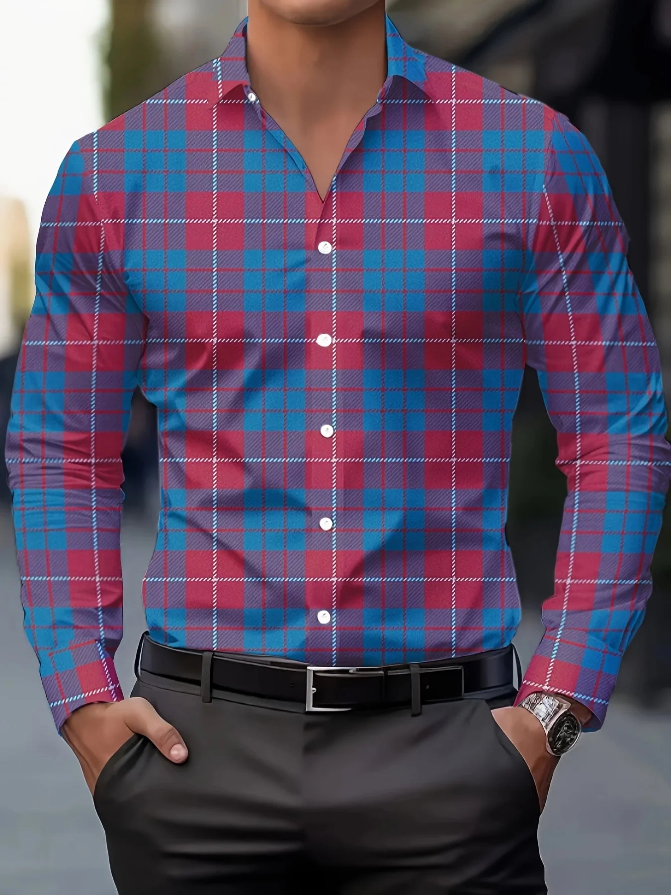 Footmax Men's Plaid Long Sleeve Shirt - Breathable Casual Business Lapel Shirt - footmaxldn