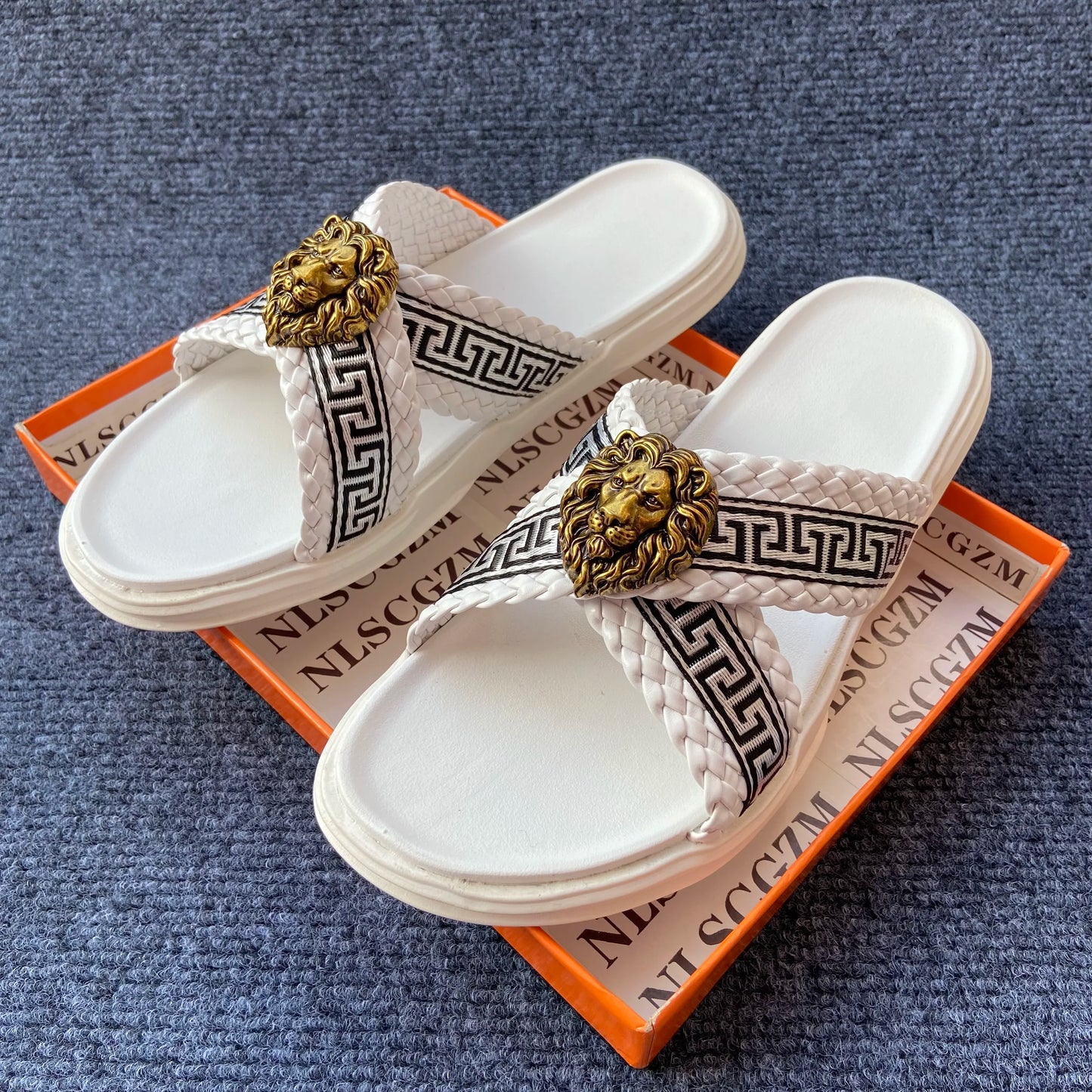Footmaxldn Lion Head Cross-Strap Slides | Men's Designer Sandals