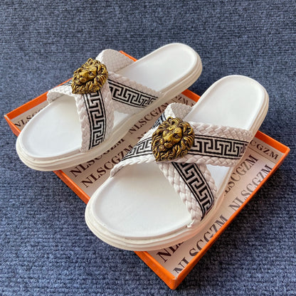 Footmaxldn Lion Head Cross-Strap Slides | Men's Designer Sandals