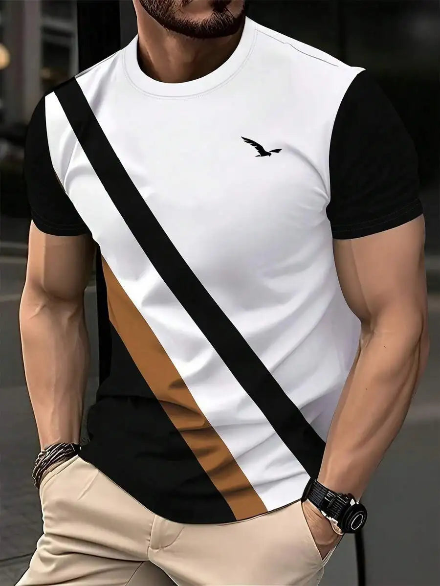 Footmax Men's Summer T-Shirt - Trendy Striped Plaid Short Sleeve Plus Size