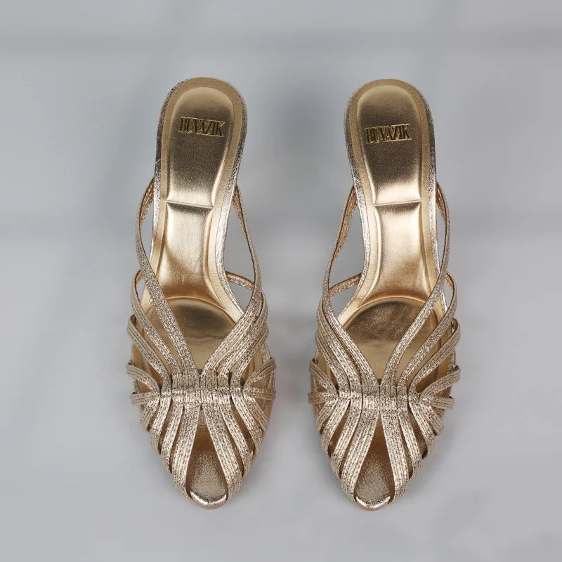 New Gold Hollow Thin Strip Heels for Women Luxury Pointed Toe Heeled Pumps Office Lady Mules Summer Stiletto Shoe Sandals 2025 - footmaxldn