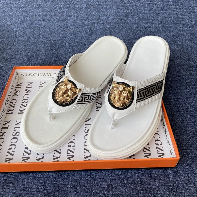 Footmaxldn Lion Head Flip Flops – Men's Luxury Leather Thong Sandals
