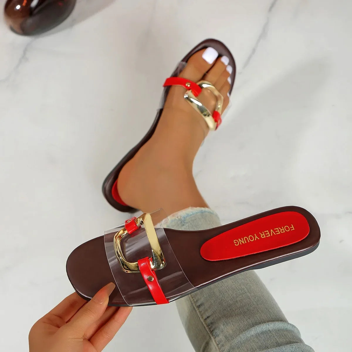 Summer 2025 New Women's Large Fashion Sandals and Slippers Summer New Flat Metal Strap Sandals - footmaxldn