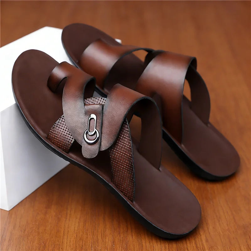 Footmaxldn Men's Leather Slide Sandals
