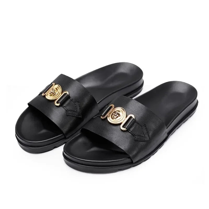 Men's Genuine Leather Slides with Gold Medallion Hardware – footmaxldn