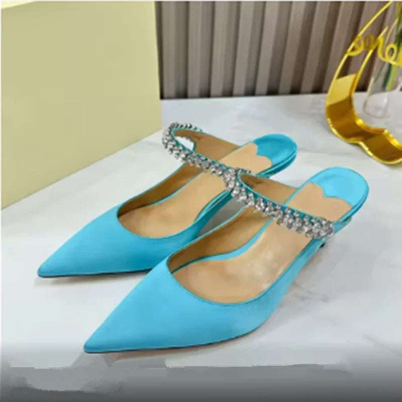 Footmaxldn Rhinestone Chain Stiletto Mules – Patent Leather High Heel Sandals for Women