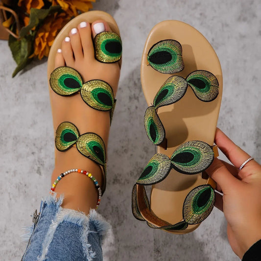 Footmaxldn Peacock Feather Embroidered Flat Sandals for Women