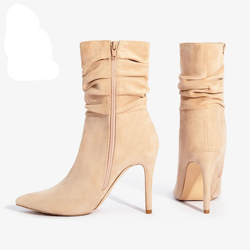 Footmaxldn Pleated Faux Suede Ankle Boots – Pointed Toe Stiletto Heel with Side Zip