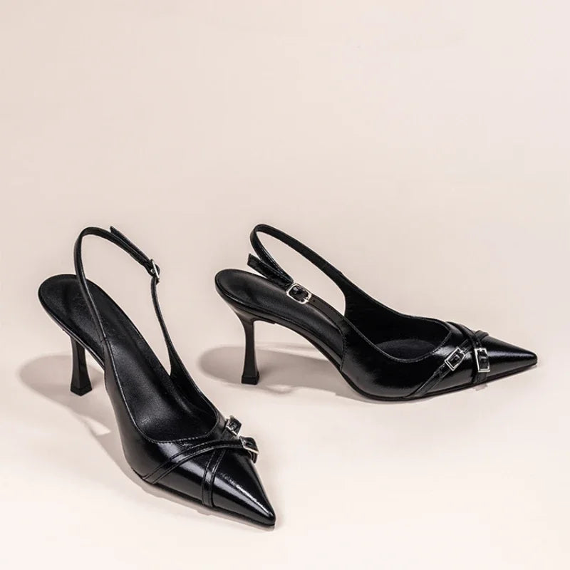 Fashionable Pointed Toe Shallow Mouth New High-heeled Shoes Summer Elegant Buckle Decorated Stiletto Black Women's Shoes NO:602 - footmaxldn
