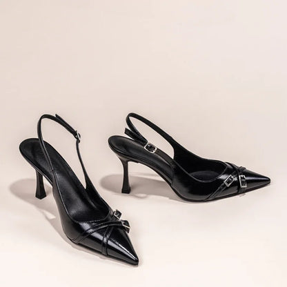 Fashionable Pointed Toe Shallow Mouth New High-heeled Shoes Summer Elegant Buckle Decorated Stiletto Black Women's Shoes NO:602 - footmaxldn