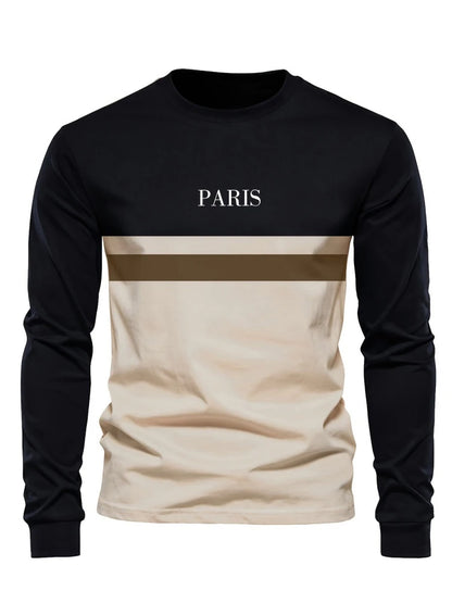 Men's Beige & Black Colour-Block Long-Sleeve T-Shirt