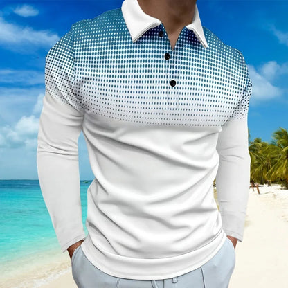 Footmax Men's Gradient Dot Print Golf Polo Shirt - Long Sleeve Casual Streetwear Button Up - footmaxldn