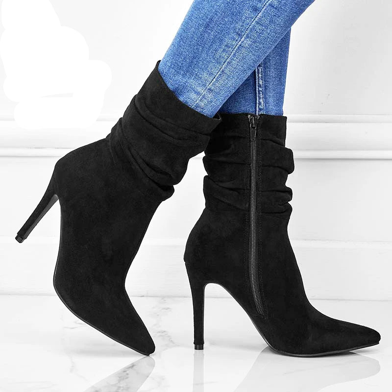 Footmaxldn Pleated Faux Suede Ankle Boots – Pointed Toe Stiletto Heel with Side Zip