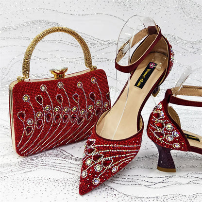 2025 Elegant Rhinestone Pointed Toe Pumps With Matching Bag Set Large Size shoes Big Bag for Women's Party High Heels - footmaxldn