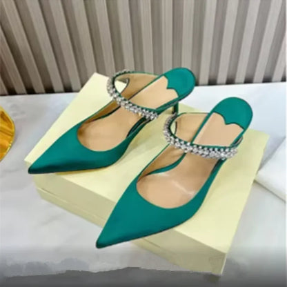 Footmaxldn Rhinestone Chain Stiletto Mules – Patent Leather High Heel Sandals for Women