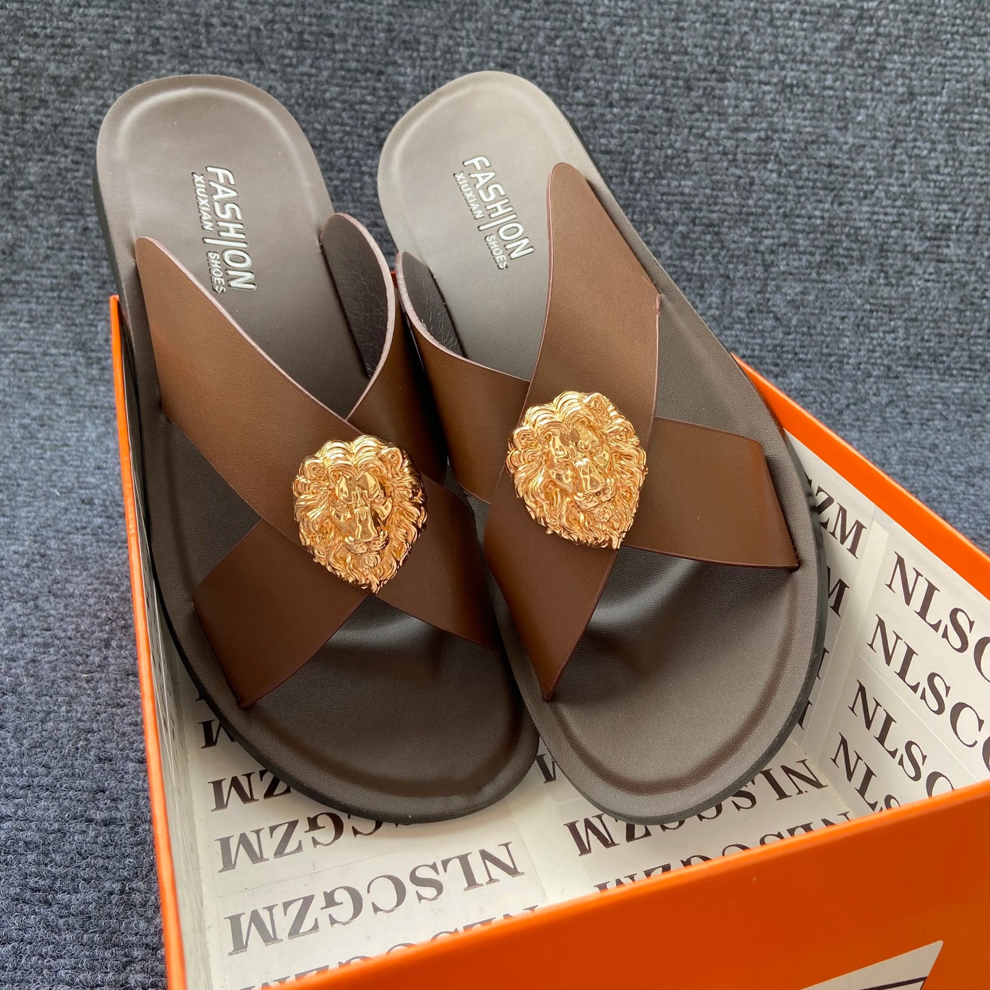 Men's Leather Cross-Strap Slides with Gold Lion Emblem – Footmaxldn