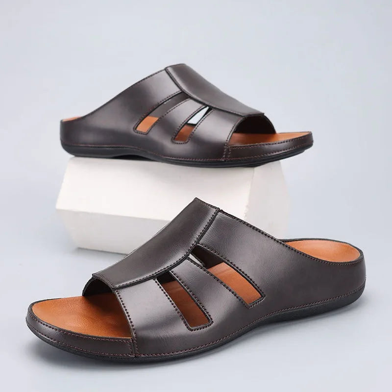 Men's Handmade Leather Peep-Toe Slippers – Footmaxldn