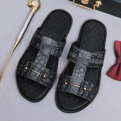 Men's Croc-Embossed Leather Slide Sandals | H-Strap Summer Slides – Footmaxldn