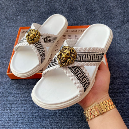 Footmaxldn Lion Head Cross-Strap Slides | Men's Designer Sandals