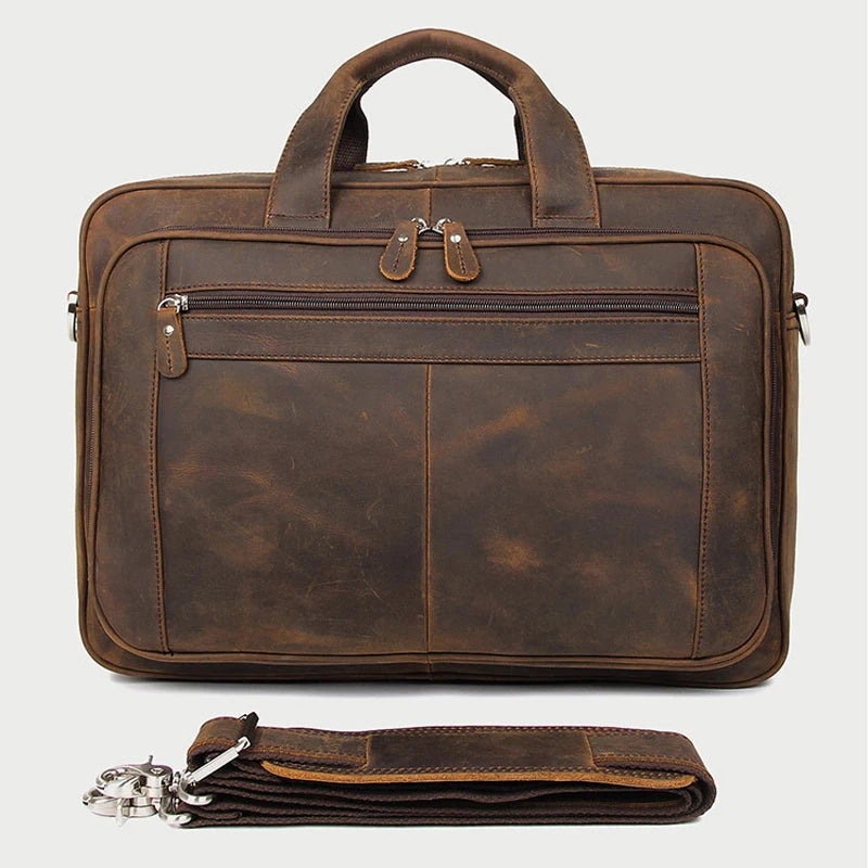 High Quality Genuine Leather Men Briefcase Business bag Crazy Horse Leather Large 17"inch Laptop Bag male Portfolio Office Case - footmaxldn