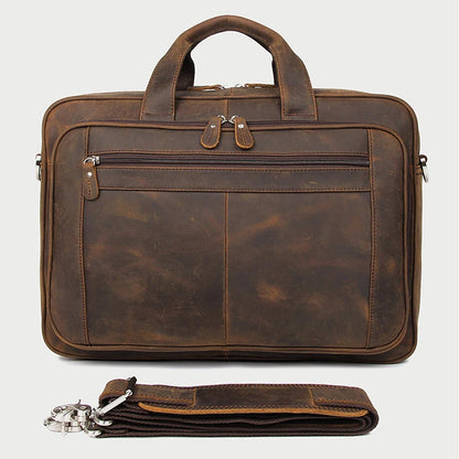High Quality Genuine Leather Men Briefcase Business bag Crazy Horse Leather Large 17"inch Laptop Bag male Portfolio Office Case - footmaxldn