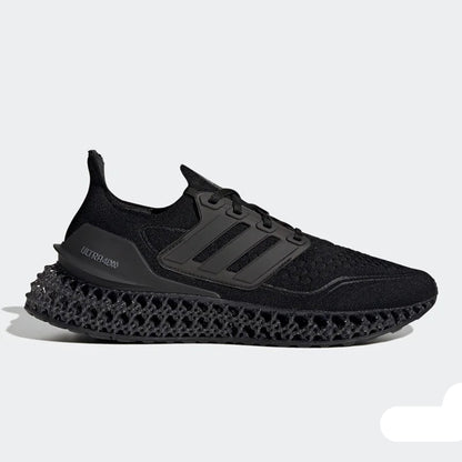 Black Adidas sneaker with unique sole design on a light gray background