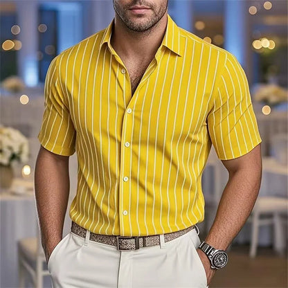 Men's Striped Short Sleeve Shirt - Casual Breathable Button-Up by Footmax