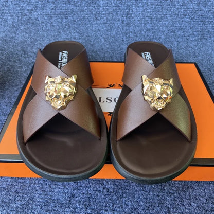 size38-48 original shoes brand summer leather slides for man black brown fashion shoes for mens slippers business beach slippers - footmaxldn